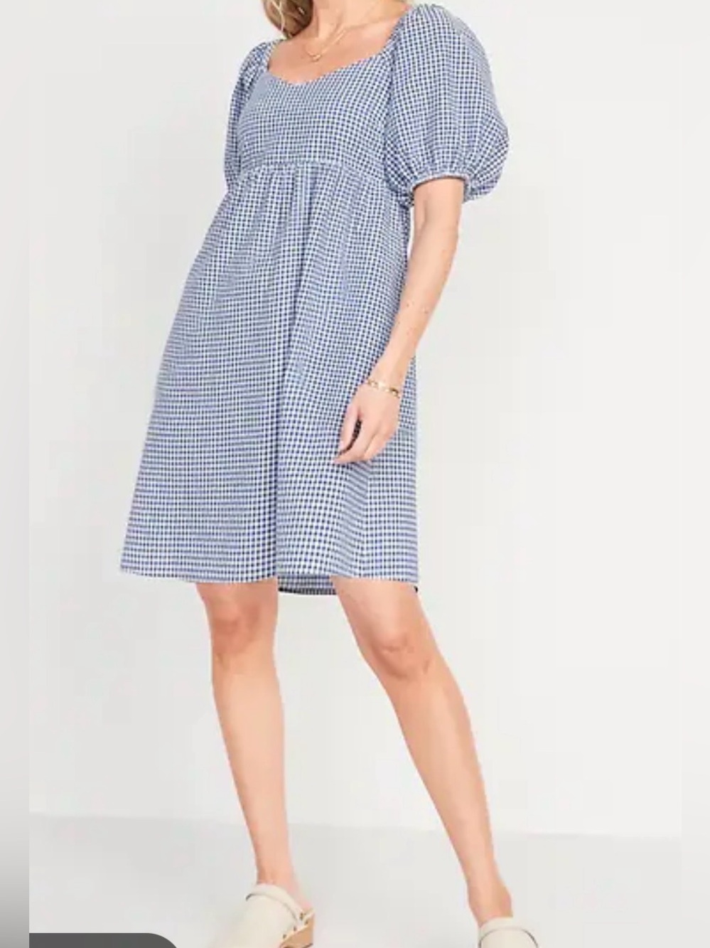 🆕 OLD NAVY Blue Gingham Seersucker Fit & Flare Puff Sleeve All Day Mini Dress XL
